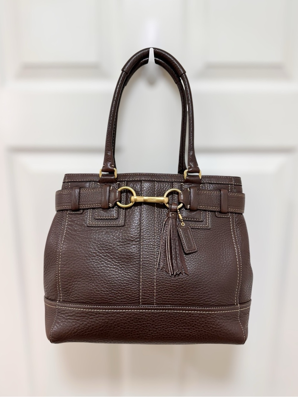 Coach Hamptons Large Tote Bag Chocolate Brown Pebbled Leather Horsebit